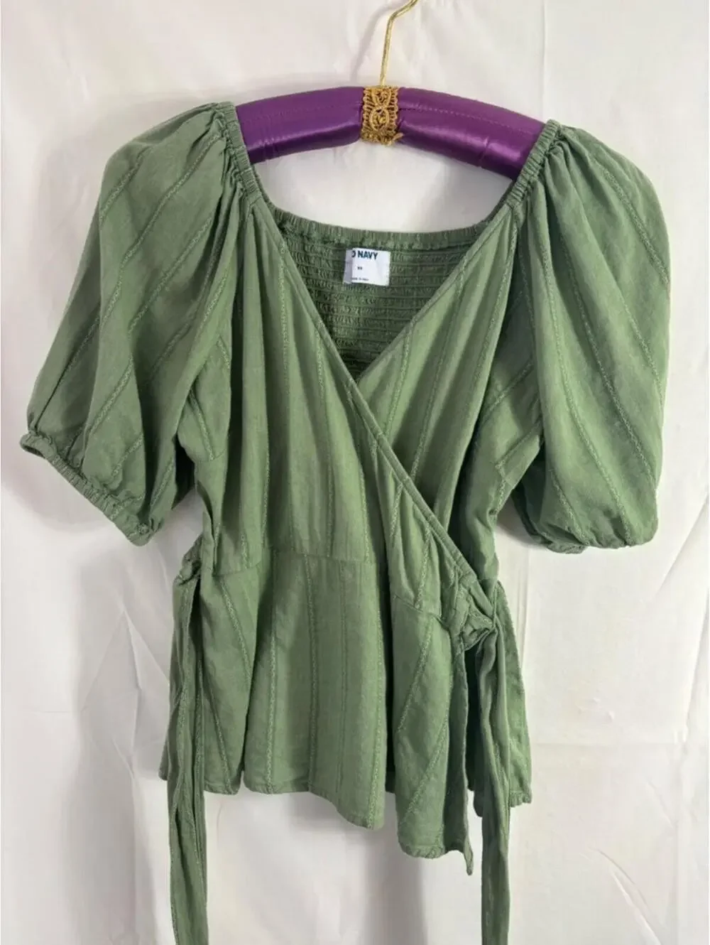 Sage Green Cotton V‎ Neck Babydoll Puff Sleeve Boho Whimsy Wrap Top Size XS-M
